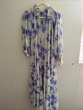 Free People White Maxi Dress with Blue Floral Print